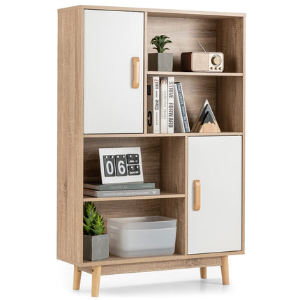 Derins Bücherschrank mit 2 Türen und 4 offene Regale, Bücherregal Holz, Standregal Holzregal Aufbewahrungsregal für Wohnzimmer, Arbeitszimmer 80x24x119,5cm (Weiß)