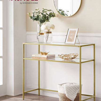 Derins Konsolentisch, Beistelltisch, Oberfläche aus Hartglas, moderner Sofatisch, einfacher Aufbau, verstellbare Füße, Wohnzimmer, Flur, goldfarben-transparent LGT025A01