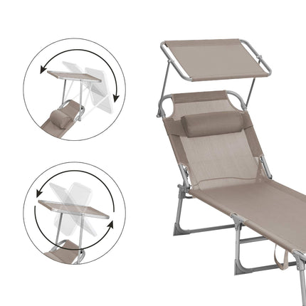 SONGMICS Sun Lounger Sun Lounger Garden Lounger with Headrest and Sun Canopy Adjustable Backrest Lightweight Foldable 53 x 193 x 29.5 cm Loadable up to 150 kg Garden Balcony Taupe GCB192K01