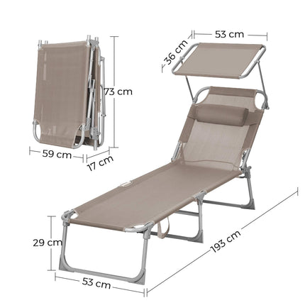 SONGMICS Sun Lounger Sun Lounger Garden Lounger with Headrest and Sun Canopy Adjustable Backrest Lightweight Foldable 53 x 193 x 29.5 cm Loadable up to 150 kg Garden Balcony Taupe GCB192K01