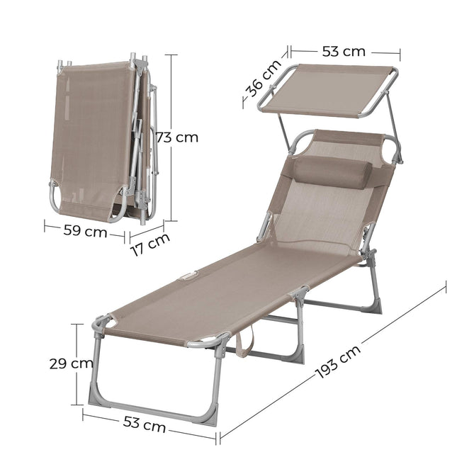 SONGMICS Sun Lounger Sun Lounger Garden Lounger with Headrest and Sun Canopy Adjustable Backrest Lightweight Foldable 53 x 193 x 29.5 cm Loadable up to 150 kg Garden Balcony Taupe GCB192K01