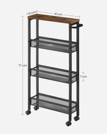 VASAGLE trolley 4 levels, kitchen trolley narrow, niche shelf, kitchen shelf on wheels, steel frame, handle, for small spaces, kitchen, bathroom, living room, study, vintage brown-black LRC032B01V1