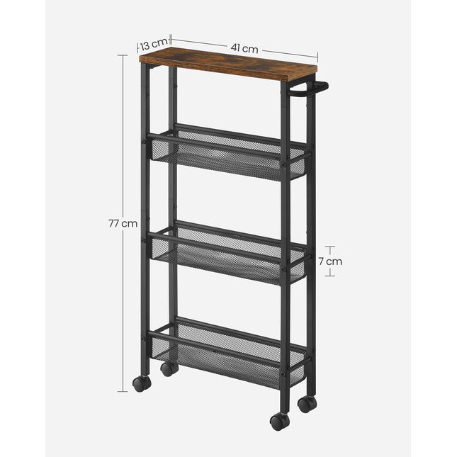 VASAGLE trolley 4 levels, kitchen trolley narrow, niche shelf, kitchen shelf on wheels, steel frame, handle, for small spaces, kitchen, bathroom, living room, study, vintage brown-black LRC032B01V1