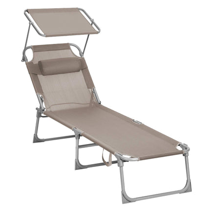 SONGMICS Sun Lounger Sun Lounger Garden Lounger with Headrest and Sun Canopy Adjustable Backrest Lightweight Foldable 53 x 193 x 29.5 cm Loadable up to 150 kg Garden Balcony Taupe GCB192K01