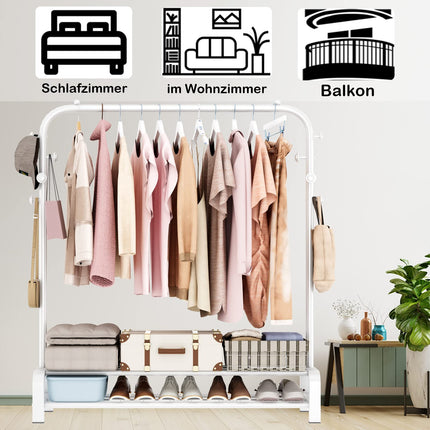 Derins Kleiderständer, Garderobenständer Stabil Kleiderstange mit 6 Haken und 2 Schuhregal Ablage Regal, Schlafzimmer Kleiderständer Freistehender Kleiderbügel, Weiß