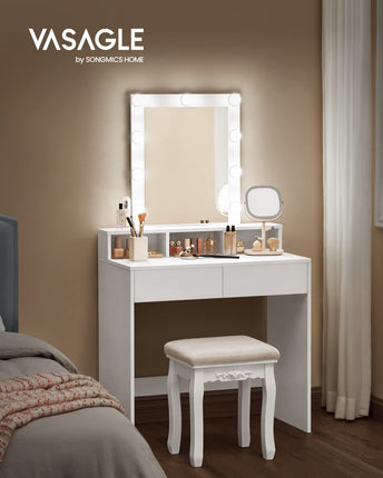 VASAGLE kaptafel make up tafel met spiegel en gloeilampen, instelbare helderheid, cosmetische tafel met 2 lades en 3 open vakken, 80 x 40 x 145 cm, wit RDT114W01