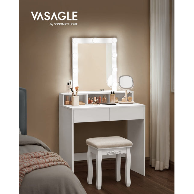 VASAGLE kaptafel make up tafel met spiegel en gloeilampen, instelbare helderheid, cosmetische tafel met 2 lades en 3 open vakken, 80 x 40 x 145 cm, wit RDT114W01