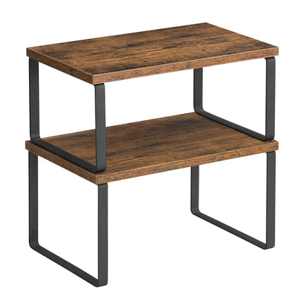 SONGMICS Kruidenrekjes, set van 2, keukenplanken, uitzetbare keukenopbergers, stapelbaar, gemaakt van metaal en spaanplaat, legbordinzet, voor keukenkastje, keuken, vintage bruin-zwart KCS020X01