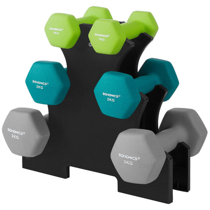 SONGMICS Dumbbells, Dumbbell set, Hexagon, with dumbbell stand, 2 x 1 kg, 2 x 2 kg, 2 x 3 kg, Vinyl coating, Strength training