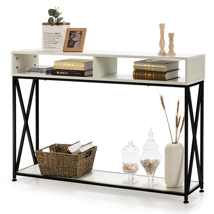 Derins 2 Ebenen Konsolentisch mit offnen Fächern, Flurtisch aus Holz, Standregal, Beistelltisch für Eingang, Wohnzimmer und Schlafzimmer, 120 x 23 x 79 cm (Weiß)