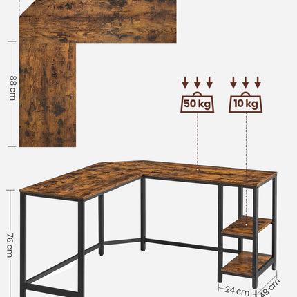 Derins Schreibtisch, L-förmiger Computertisch, 138 x 138 x 76 cm, Eckschreibtisch mit 2 Ablagen, platzsparender Bürotisch, Gaming, Homeoffice, einfacher Aufbau, vintagebraun-schwarz LWD72X