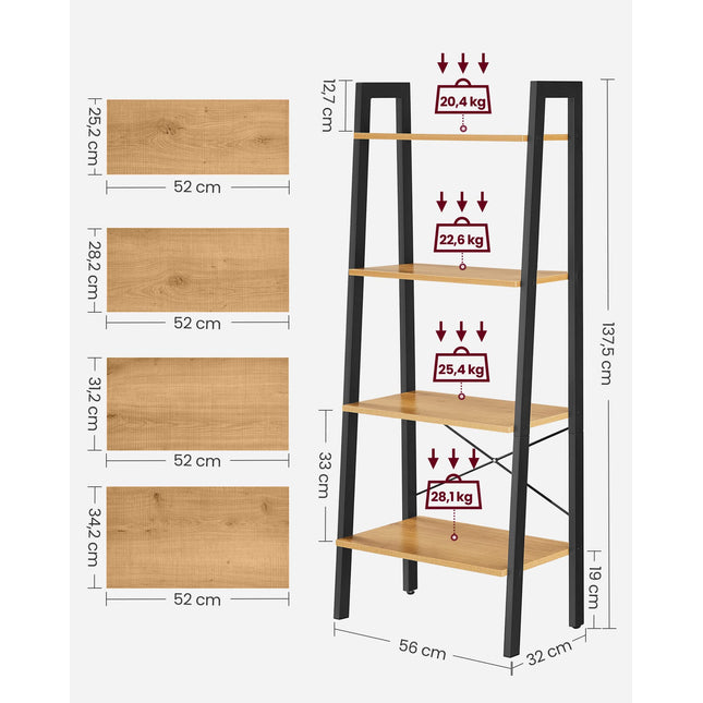 VASAGLE Leiterregal, 4-stufiges Bücherregal, Bücherregal, für Wohnzimmer, Schlafzimmer, Küche, Heimbüro, Industriestil, Stahlrahmen, Honigbraun und Schwarz LLS044B05