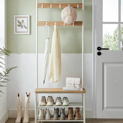 VASAGLE coat rack, clothes rack with shoe rack, shoe rack with seat, for the hallway, with hooks, 3 shelves, made of metal, height 175 cm, modern, oak-colored white HSR041W09