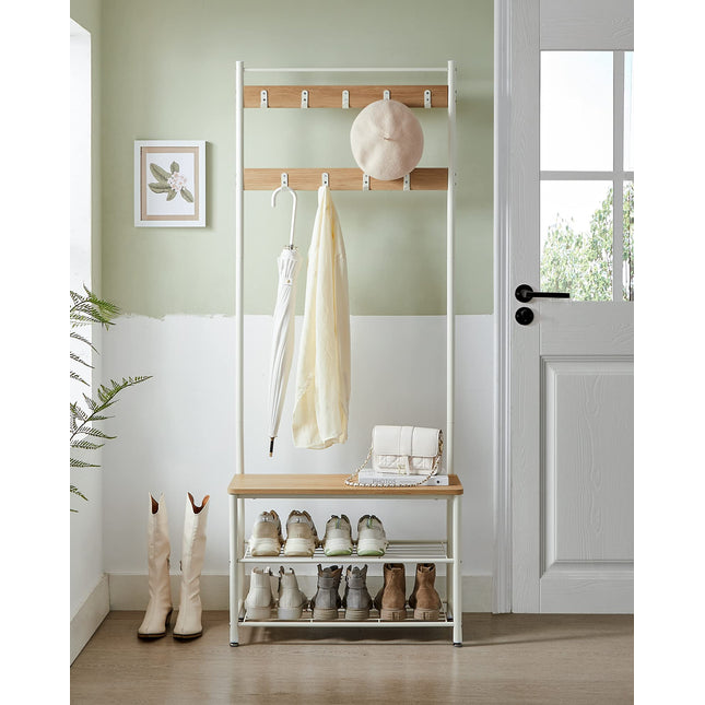 VASAGLE coat rack, clothes rack with shoe rack, shoe rack with seat, for the hallway, with hooks, 3 shelves, made of metal, height 175 cm, modern, oak-colored white HSR041W09