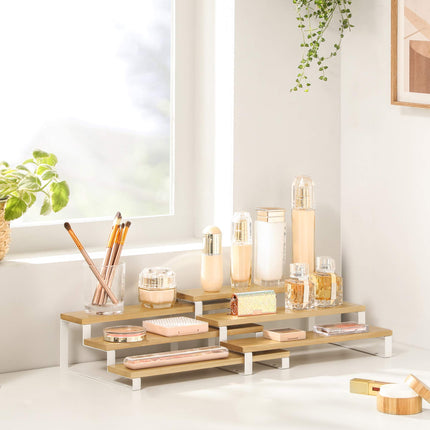 SONGMICS Gewürzregale, Küchenregale, 2er-Set, jeweils mit 3 Ablagen, Bambus, ausziehbar, stapelbar, für Speisekammer, Küche, Arbeitsplatte, Naturweiß KCS016N02