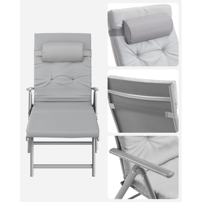 SONGMICS Sun Lounger Foldable Sun Lounger with 6 cm Thick Mattress Removable Head Cushion Made of Stainless Aluminum Breathable Comfortable Adjustable Weight up to 150 kg Gray GCB24GY