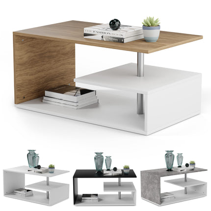 Derins Couchtisch-90x50 cm, mit Stauraum, Modern, Eckig, Asymmetrisch, Leicht, Lang, Niedrig, Weiß mit Betonoptik/Eichenoptik/Grau - Wohnzimmertisch, Kaffeetisch (Weiß-Eicheimitat)