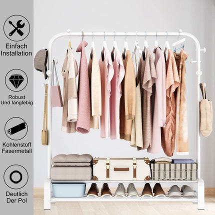 Derins Kleiderständer, Garderobenständer Stabil Kleiderstange mit 6 Haken und 2 Schuhregal Ablage Regal, Schlafzimmer Kleiderständer Freistehender Kleiderbügel, Weiß