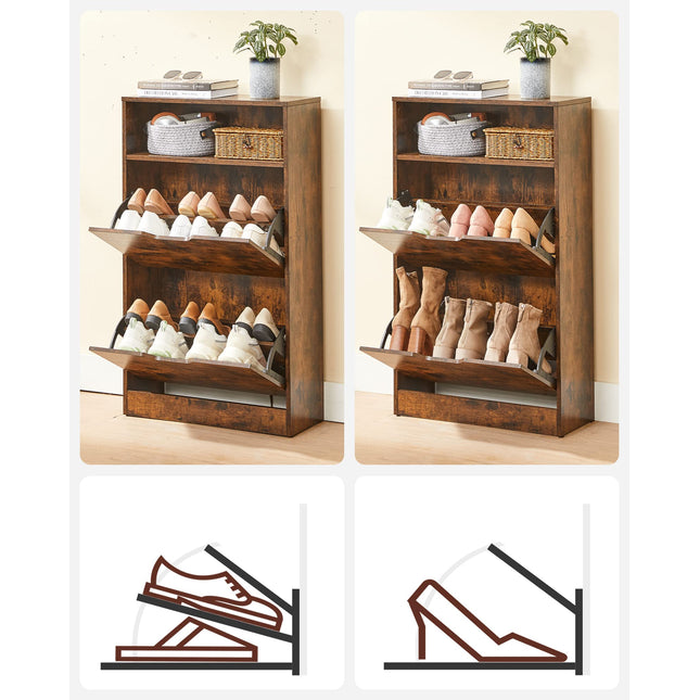 VASAGLE Shoe cabinet with 2 flaps, Shoe rack with an Open Shelf, Melamine veneer, Easy to clean, 60 x 24 x 102 cm, Rustic Brown LBC040X01