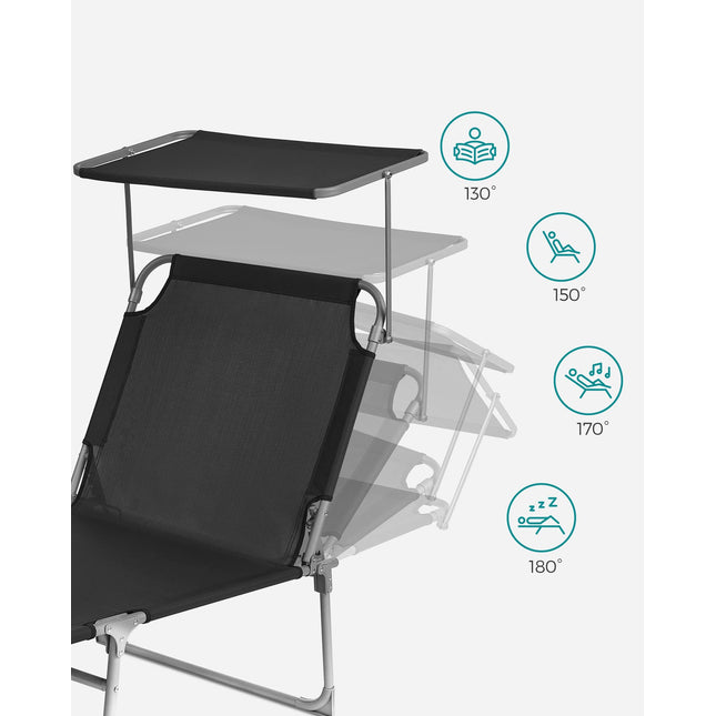 SONGMICS Sunbed Sun Lounger Garden Chair Extra Large 71 x 200 x 38 cm Loadable up to 150 kg with Headrest and Canopy Adjustable Backrest Foldable Garden Black GCB22BK