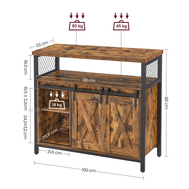 VASAGLE Sideboard, keukenkastje, opbergkastje, met 2 schuifdeuren, verstelbare plank, industrieel, voor woonkamer, vintage bruin-zwart LSC092B01