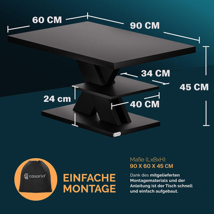 Derins  Couchtisch Detroit 90x45x60cm modernes Design 50mm Tischplatte 50kg Belastbarkeit Kratzfest Holz Wohnzimmer Sofatisch Beistelltisch Schwarz