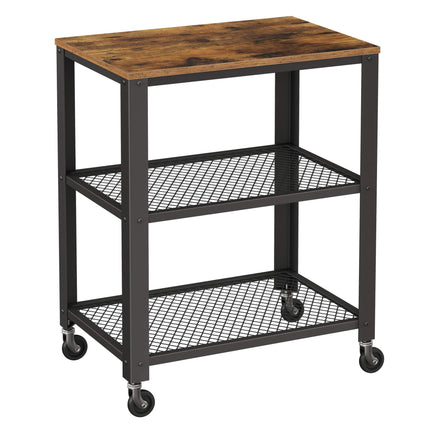 VASAGLE industrial serving trolley, kitchen trolley, trolley on wheels, kitchen shelf, in wood and metal, on 4 wheels, 3 levels for kitchen and living room, vintage, dark brown LRC78X