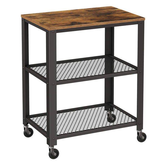 VASAGLE industrial serving trolley, kitchen trolley, trolley on wheels, kitchen shelf, in wood and metal, on 4 wheels, 3 levels for kitchen and living room, vintage, dark brown LRC78X