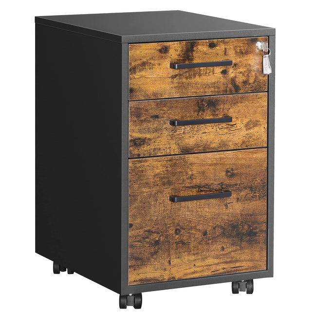 SONGMICS Mobile filing cabinet with lock and wheels, for documents in DIN A4, Legal and Letter format, with suspension file, industrial style, vintage brown-black OFC110B01