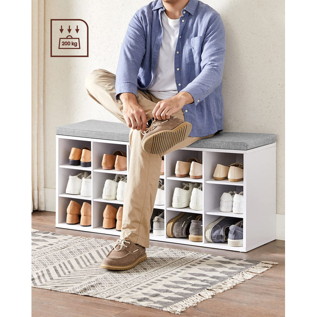 VASAGLE Shoe bench, bench, shoe rack with seat, with cushion and 15 compartments, storage rack, for the hallway, loadable up to 200 kg, white-grey LHS15WT