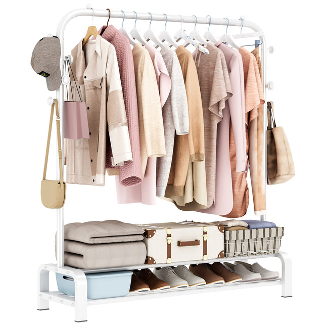 Derins Kleiderständer, Garderobenständer Stabil Kleiderstange mit 6 Haken und 2 Schuhregal Ablage Regal, Schlafzimmer Kleiderständer Freistehender Kleiderbügel, Weiß
