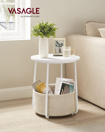 VASAGLE Side Table, Round Side Table with Fabric Basket, Spacious, for Living Room, Bedroom, Bedside Table, Modern Style, White and Beige