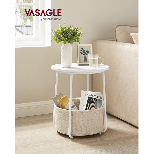 VASAGLE Side Table, Round Side Table with Fabric Basket, Spacious, for Living Room, Bedroom, Bedside Table, Modern Style, White and Beige