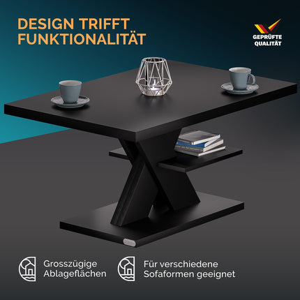 Derins  Couchtisch Detroit 90x45x60cm modernes Design 50mm Tischplatte 50kg Belastbarkeit Kratzfest Holz Wohnzimmer Sofatisch Beistelltisch Schwarz