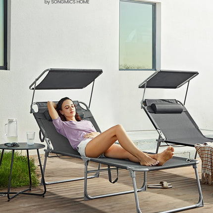 SONGMICS Sonnenliege, Sonnenliege, Gartenstuhl, extra groß, 71 x 200 x 38 cm, belastbar bis 150 kg, mit Kopfstütze und Baldachin, verstellbare Rückenlehne, klappbar, für den Garten, Anthrazit, GCB22GYV2