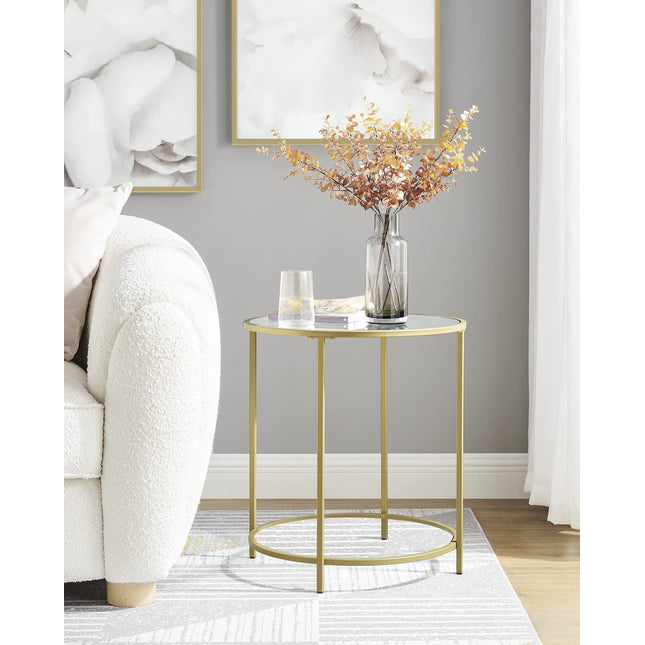 VASAGLE Side Table Round Bedside Table Small Coffee Table 50 x 50 x 55 cm Glass Table with Metal Frame Sofa Table Balcony Tempered Glass Gold LGT20G