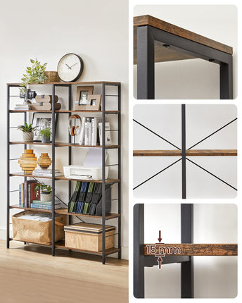 VASAGLE Bücherregal, Standregal mit 6 Etagen, 30 x 120 x 172,5 cm, Industriedesign, für Wohnzimmer, Arbeitszimmer, Balkon, Küche, Vintage Braun-Schwarz LLS114B01