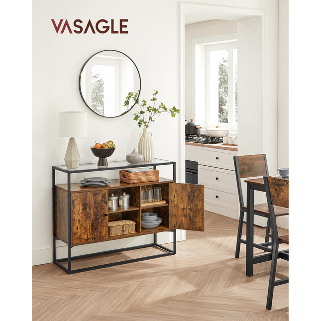 VASAGLE dressoir, zijkast, dressoir, keukenkast met glazen oppervlak en open vakken, woonkamer, hal, stabiel stalen frame, gehard glas, industrieel ontwerp, vintage bruin-zwart LSC014B01