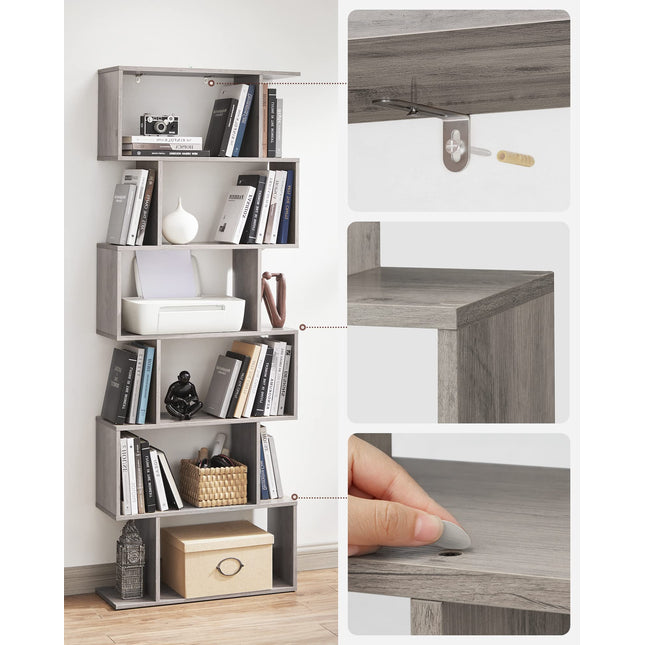 VASAGLE Bücherregal, Bücherregal, 6 Etagen, freistehendes Büroregal, dekoratives Regal zur Präsentation, modern, für Wohnzimmer, Schlafzimmer, Büro, Greige LBC061M01