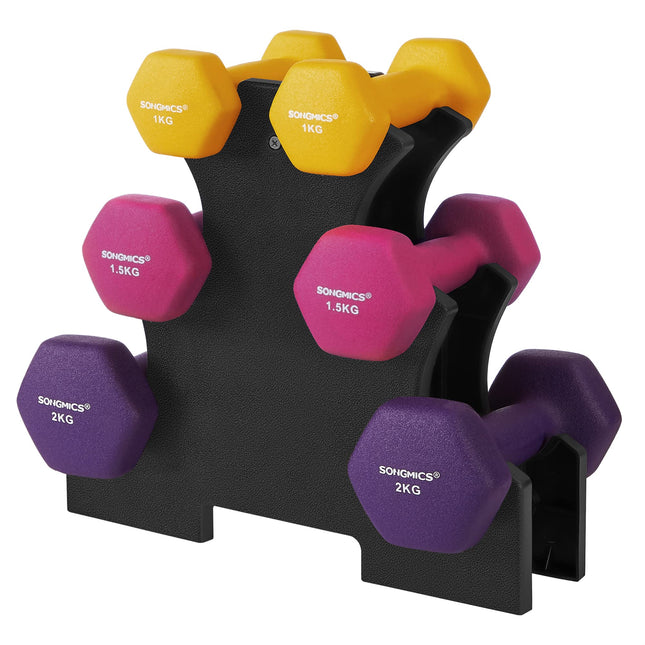 SONGMICS Dumbbell set, hexagon, with barbell stand, 2 x 1 kg, 2 x 1.5 kg, 2 x 2 kg, matte finish, neoprene coating, strength training for women, at home, in the gym