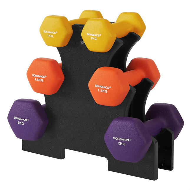 SONGMICS Dumbbell set, hexagon, with barbell stand, 2 x 1 kg, 2 x 1.5 kg, 2 x 2 kg, matte finish, neoprene coating, strength training for women, at home, in the gym