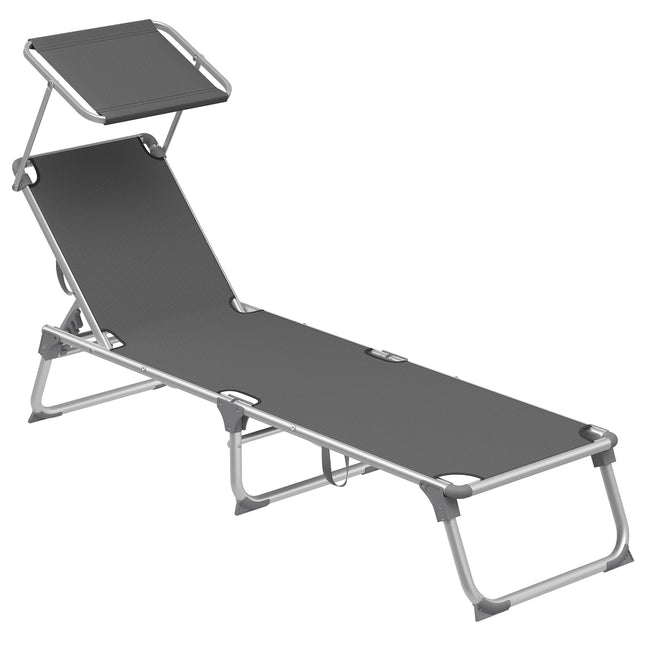 SONGMICS Sun Lounger with Roof Sun Lounger Garden Lounger Aluminum Adjustable Backrest Foldable Lightweight 55 x 193 x 31 cm Loadable up to 150 kg Garden Balcony Terrace Dark Gray GCB19WGV1