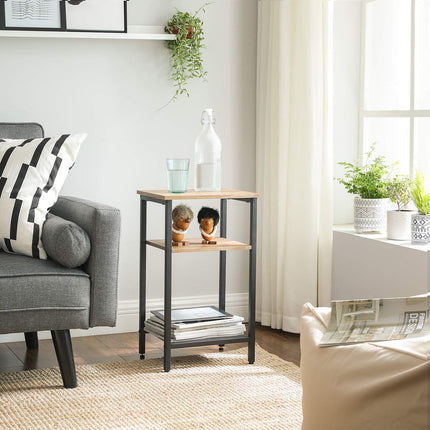 VASAGLE End, side table and bedside table with 3 shelves, heavy steel frame, living room bedroom, easy assembly, honey brown and black LET201B05, large