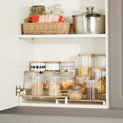 SONGMICS Gewürzregale, Küchenregale, 2er-Set, jeweils mit 3 Ablagen, Bambus, ausziehbar, stapelbar, für Speisekammer, Küche, Arbeitsplatte, Naturweiß KCS016N02