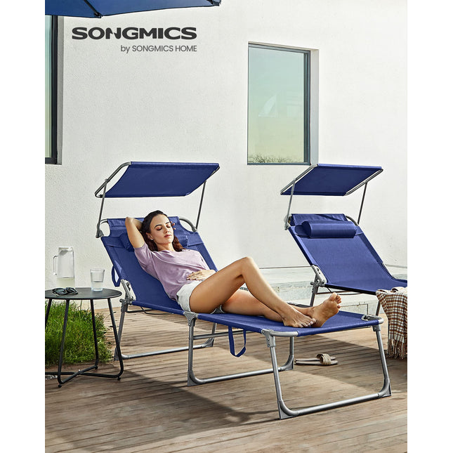 SONGMICS Sunbed Sun Lounger Garden Chair Extra Large 71 x 200 x 38 cm Loadable up to 150 kg with Headrest and Canopy Adjustable Backrest Foldable Garden Dark Blue GCB22BUV2