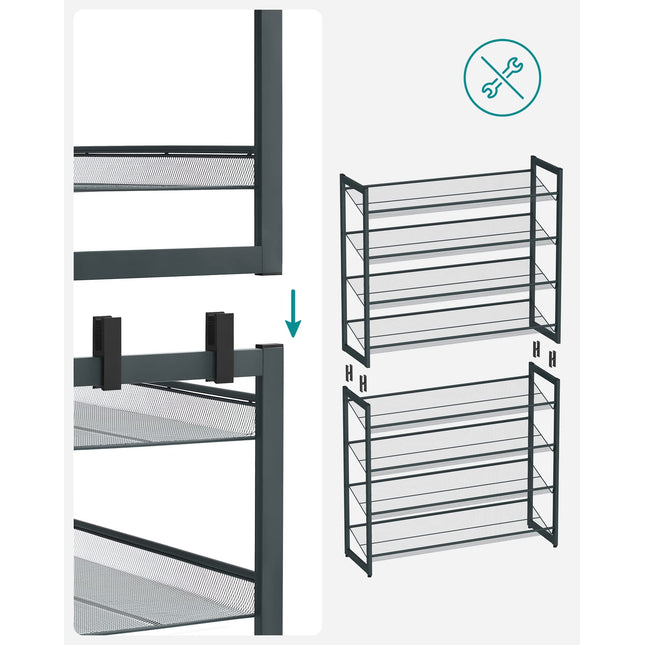 SONGMICS 8-stufiges Schuhregal, Schuhaufbewahrung, bestehend aus 2 stapelbaren 4-stufigen Regalen, für 32 bis 40 Paar Schuhe, verstellbare Netze, flach oder schräg montierbar, grau LMR08GB