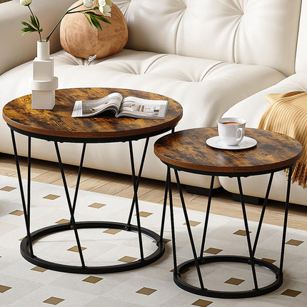 Derins Couchtisch rund, 2er Set, Wohnzimmertisch, Beistelltisch, modern, abnehmbare Tischplatte, für Wohnzimmer, vintagebraun-schwarz CT13501B