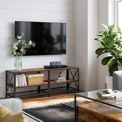 VASAGLE TV-kast, TV-tafel, lowboard voor TV tot 60 inch, TV-kast met rekken, stalen frame, TV-plank voor woonkamer, slaapkamer, vintage bruin-zwart LTV094B01