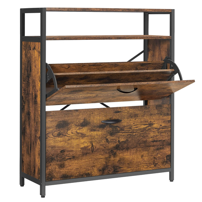 VASAGLE Shoe Cabinet with 2 Flaps, Shoe Rack, Shoe Turner, Shoe Cabinet with 2 Compartments, Shoe Shelves, in the Hallway, for 10-16 Pairs of Shoes, Space Saving, 80 x 30 x 95 cm, Vintage Brown-Black LBS801B01