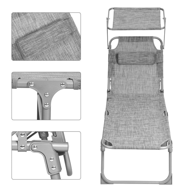 SONGMICS Sun lounger, folding lounger, 193 x 53 x 29 cm, max. load capacity 150 kg, with sunshade, headrest and adjustable backrest, for garden, pool, terrace, greige GCB19T